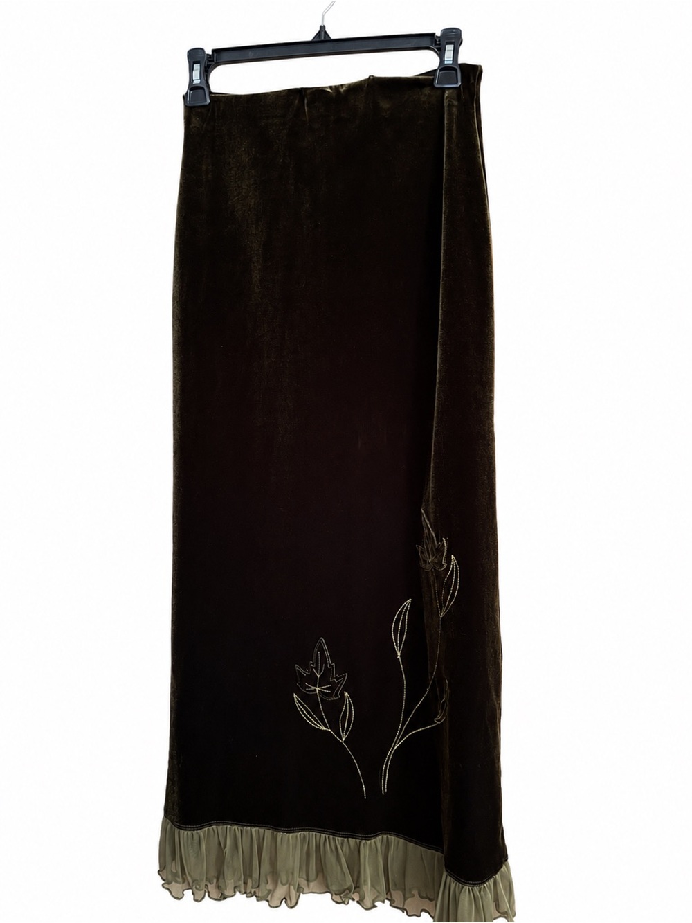 Green Velvet Maxi Skirt with Olive Ruffle Hem